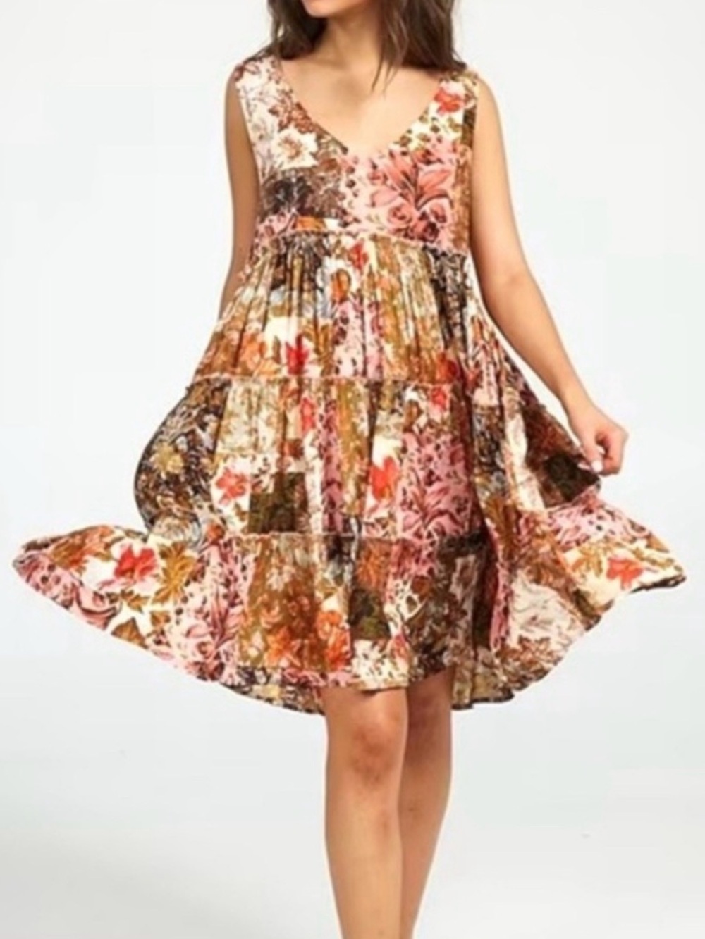 Talisman Lucky Charm Enchanted Patchwork Print Swing Dress Sz XS Flowy V Neck